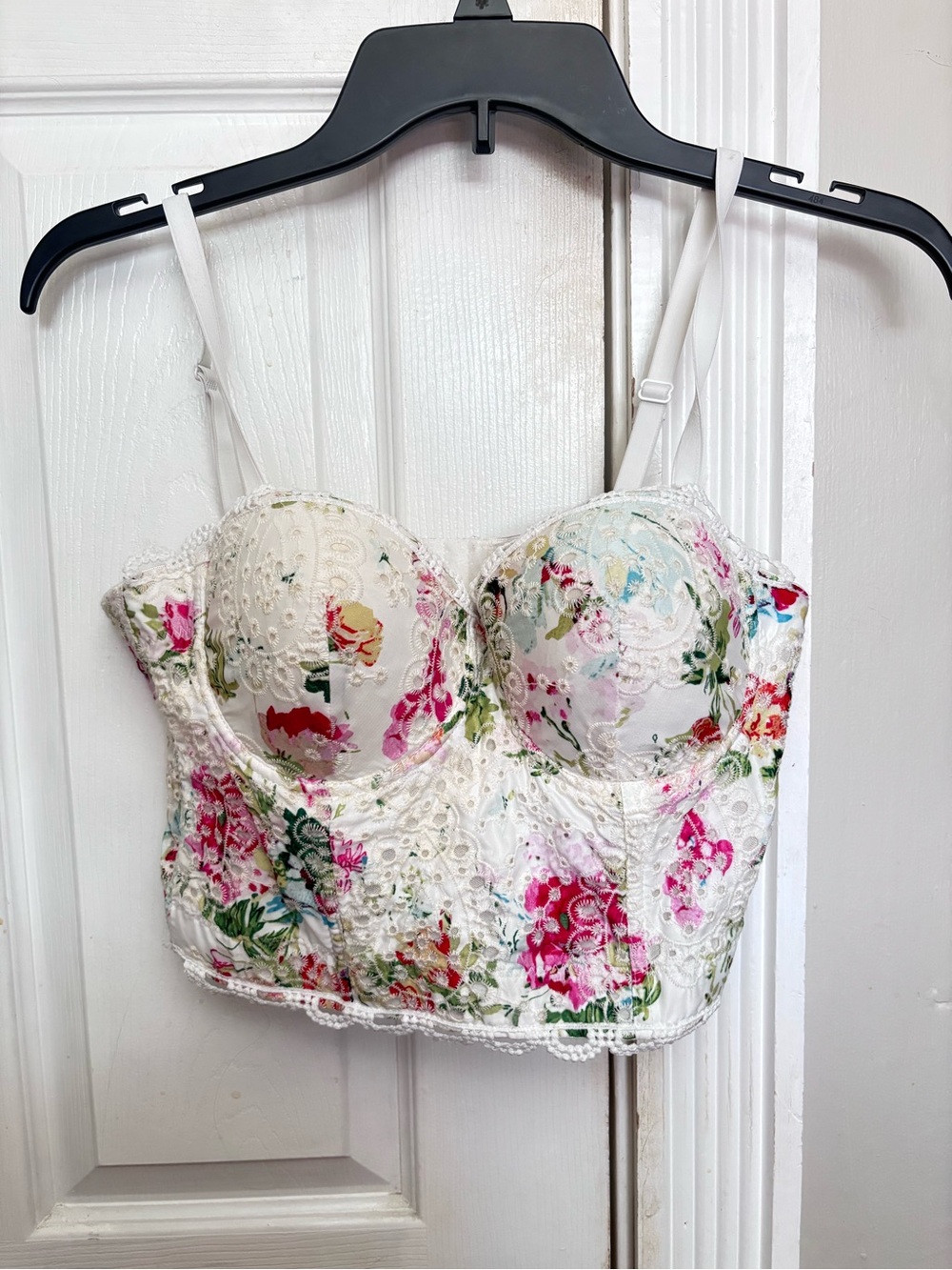Floral Lace Bustier Crop Top - White with Pink & Green Floral